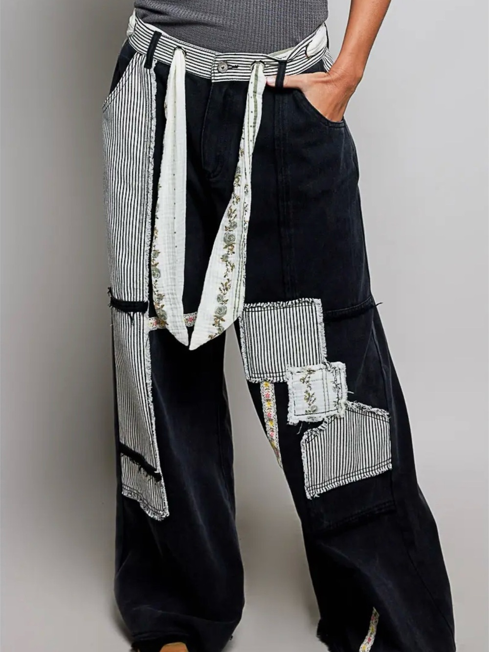 NEW ARRIVAL: “The Cleo Black”Patchwork Wide-Leg Pants Striped & Floral Accents